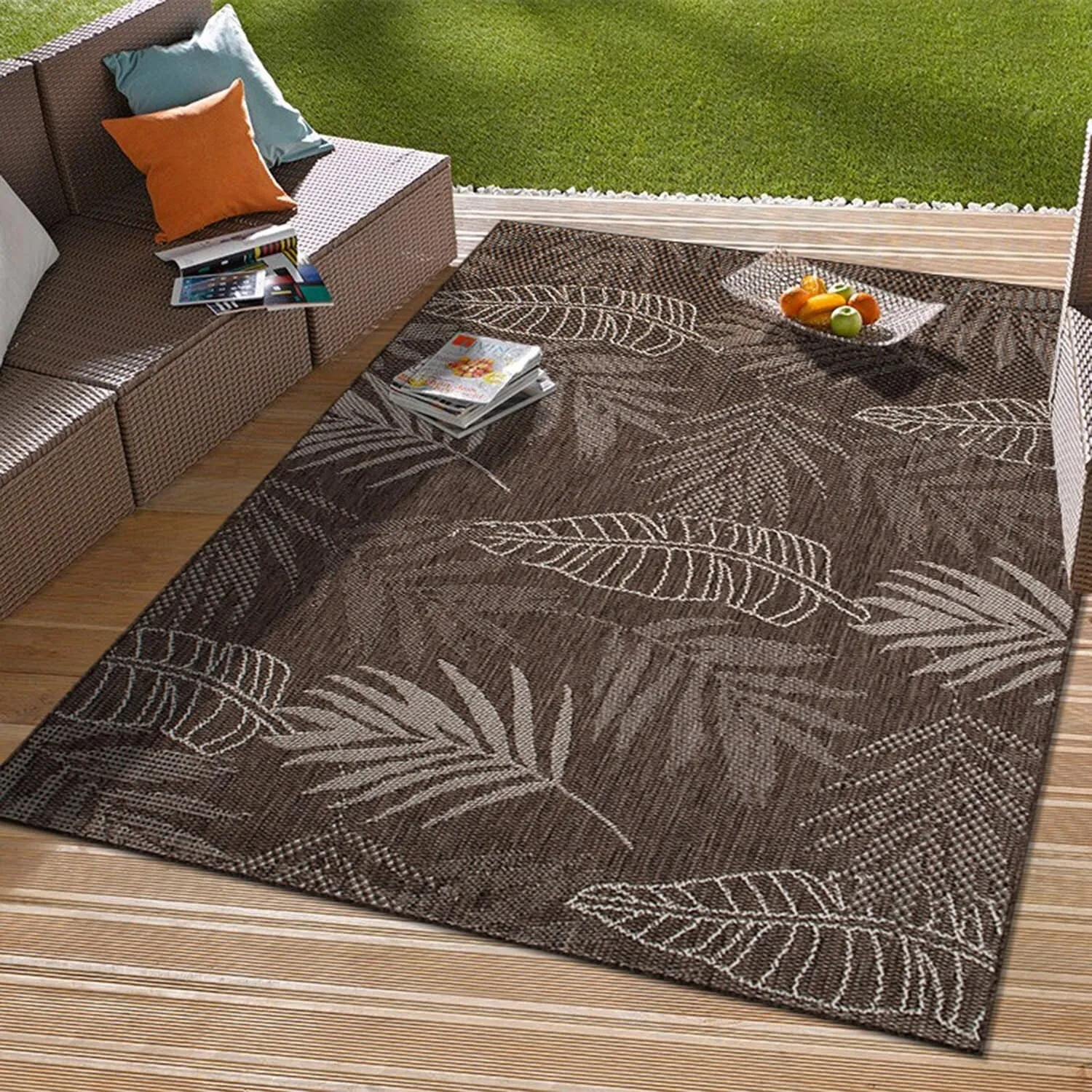 Contemporary Floral Leaves Indoor/Outdoor Flatweave Waterproof Backyard Patio Area Rug