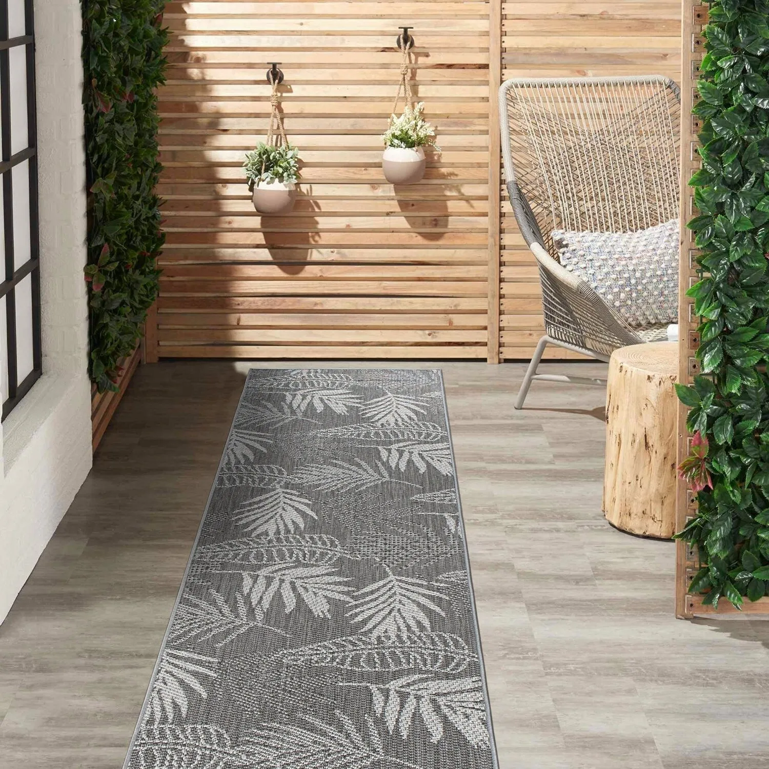 Contemporary Floral Leaves Indoor/Outdoor Flatweave Waterproof Backyard Patio Area Rug