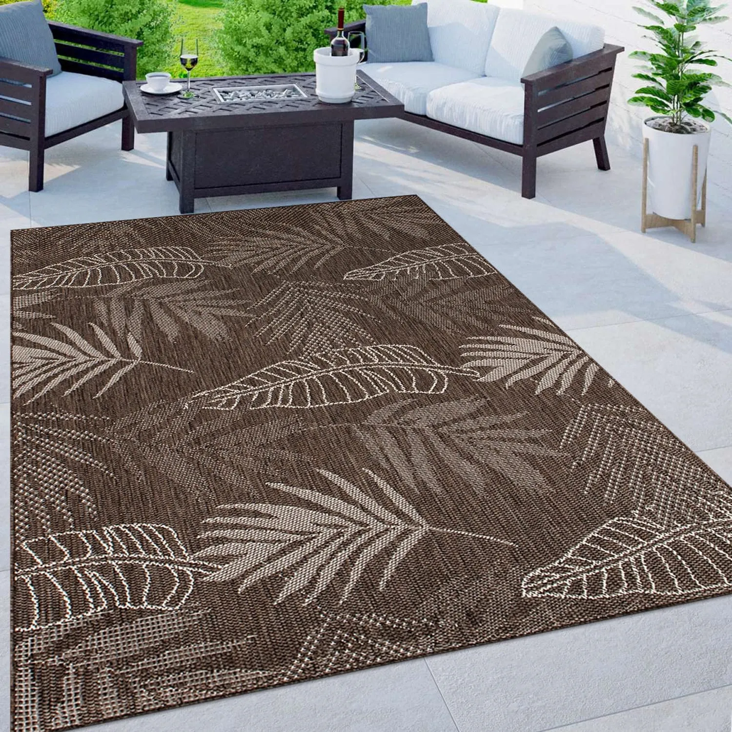 Contemporary Floral Leaves Indoor/Outdoor Flatweave Waterproof Backyard Patio Area Rug