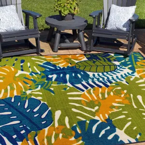Contemporary Tropical Leaves Flatweave Indoor/Outdoor Area Rug