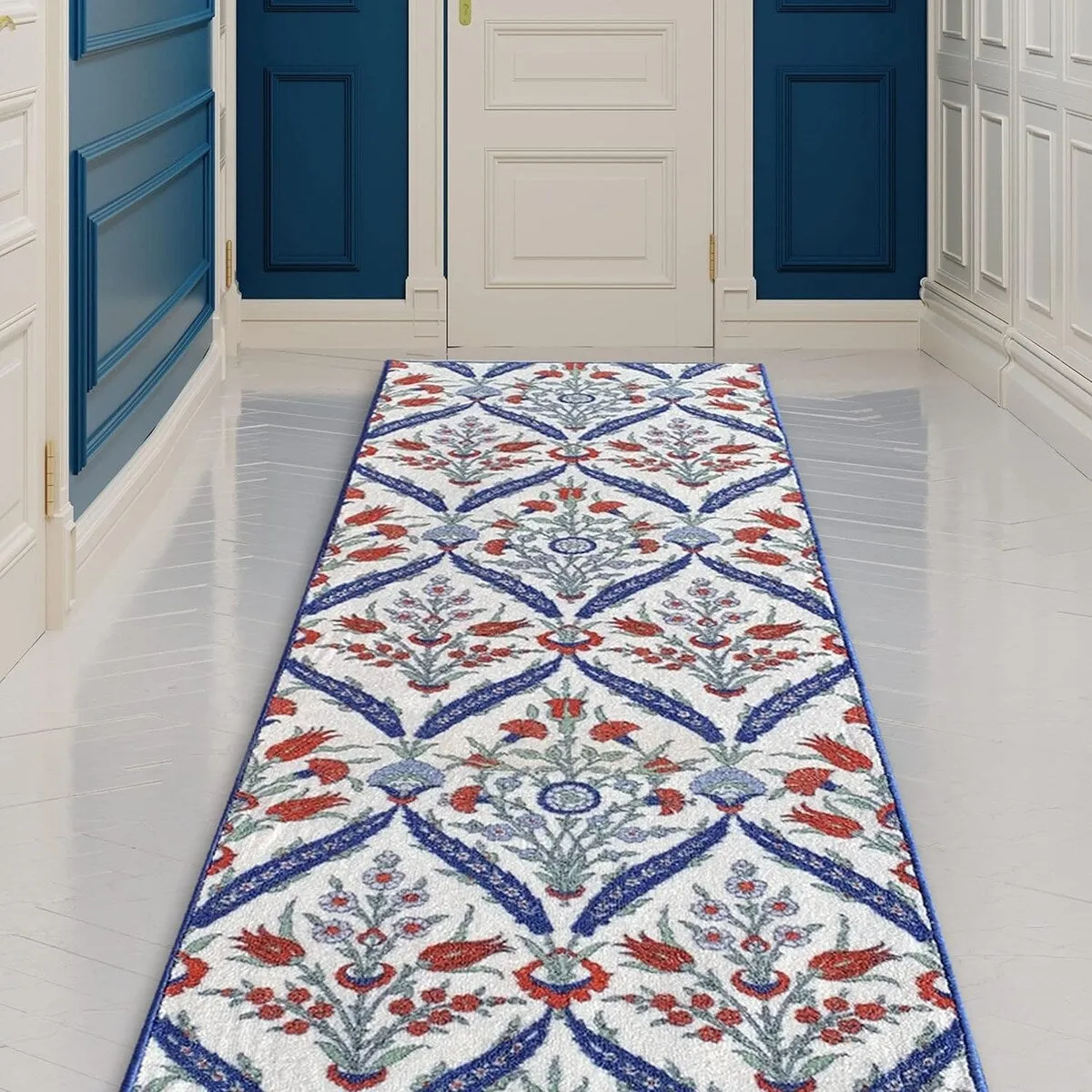 Custom Size Cini Turkish Traditional Design White Color Rubber Backed Non-Slip Hallway Stair Runner Rug Carpet 31 Inch