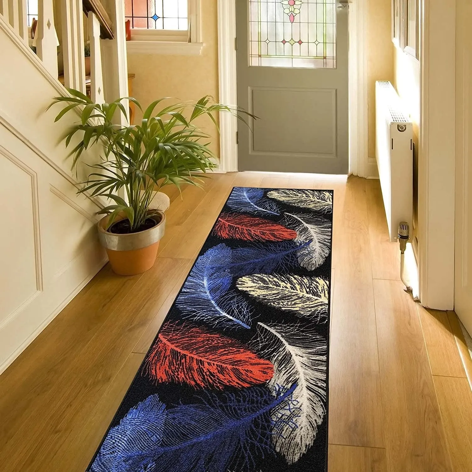 Custom Size Feather Design 31 Inch Wide Non-Slip Stair Runner Rug
