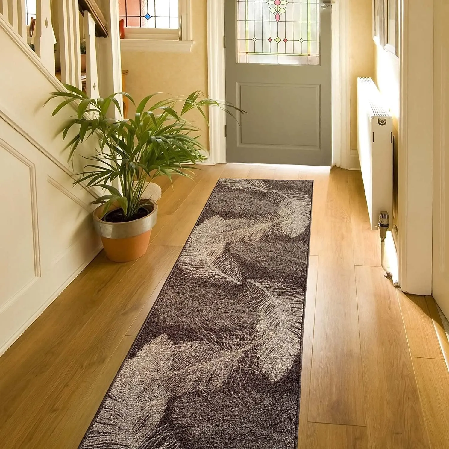 Custom Size Feather Design 31 Inch Wide Non-Slip Stair Runner Rug
