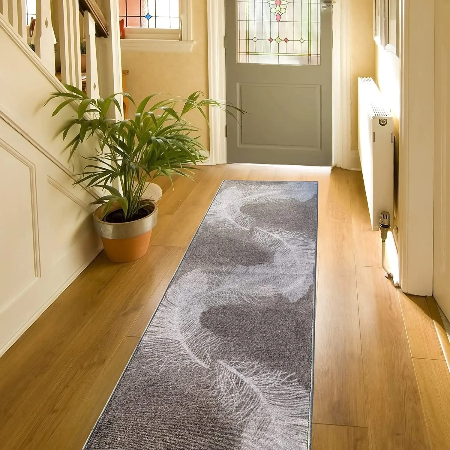 Custom Size Feather Design 31 Inch Wide Non-Slip Stair Runner Rug