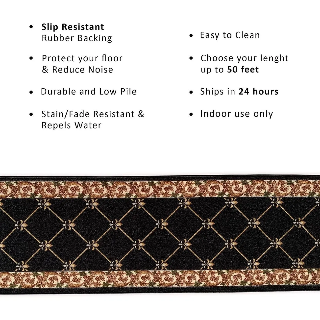 Custom Size Fleur De Lis 31 Inch Wide Non-Slip Stair Runner Rug