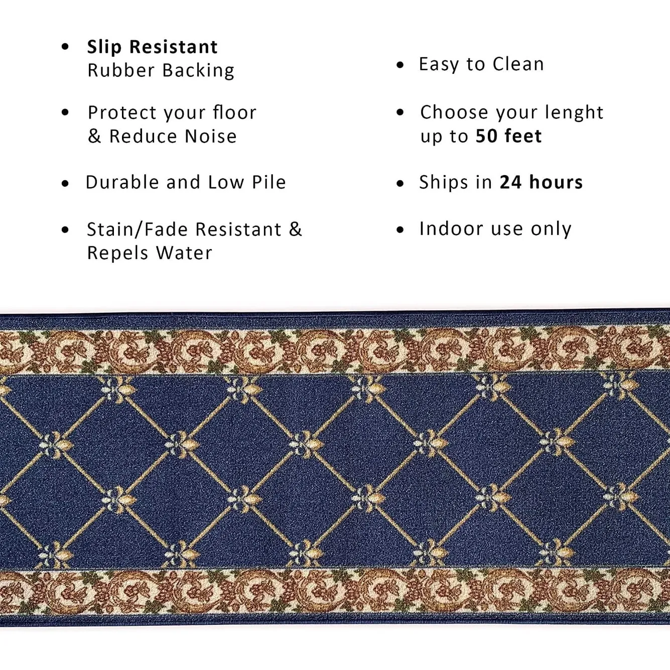 Custom Size Fleur De Lis 31 Inch Wide Non-Slip Stair Runner Rug