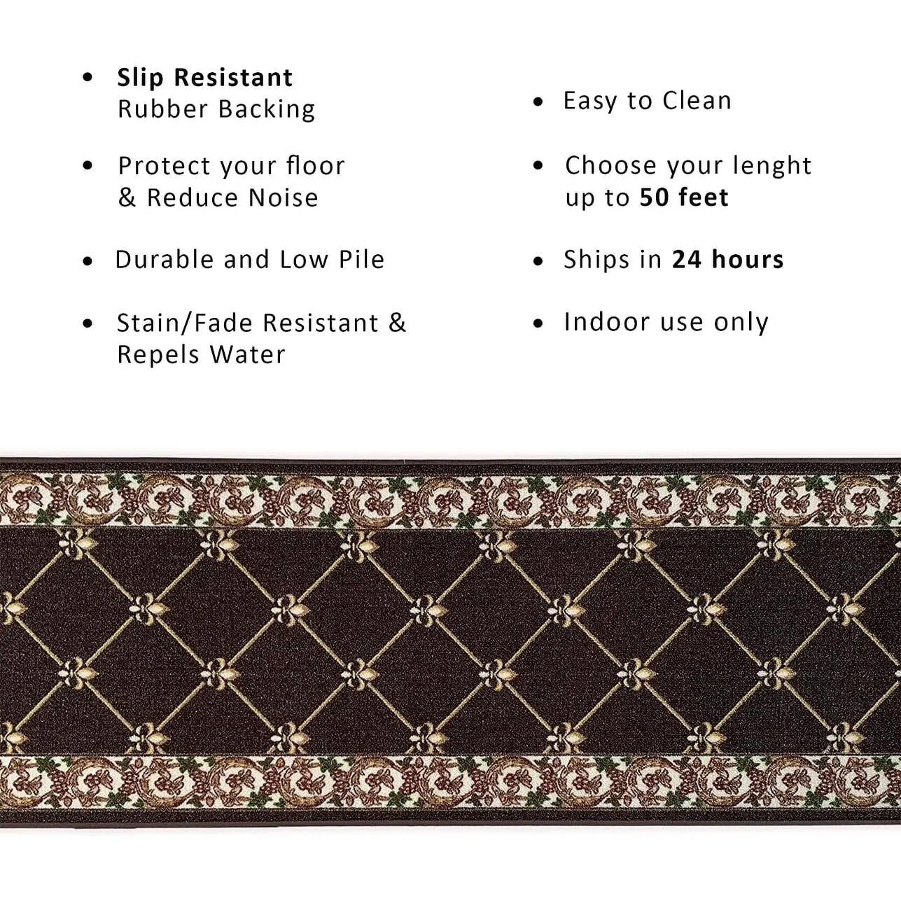 Custom Size Fleur De Lis 31 Inch Wide Non-Slip Stair Runner Rug