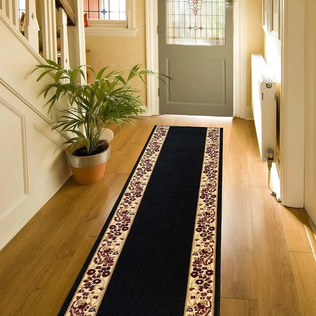 Custom Size Flower Bordered 26 Inch Wide Non-Slip Stair Runner Rug