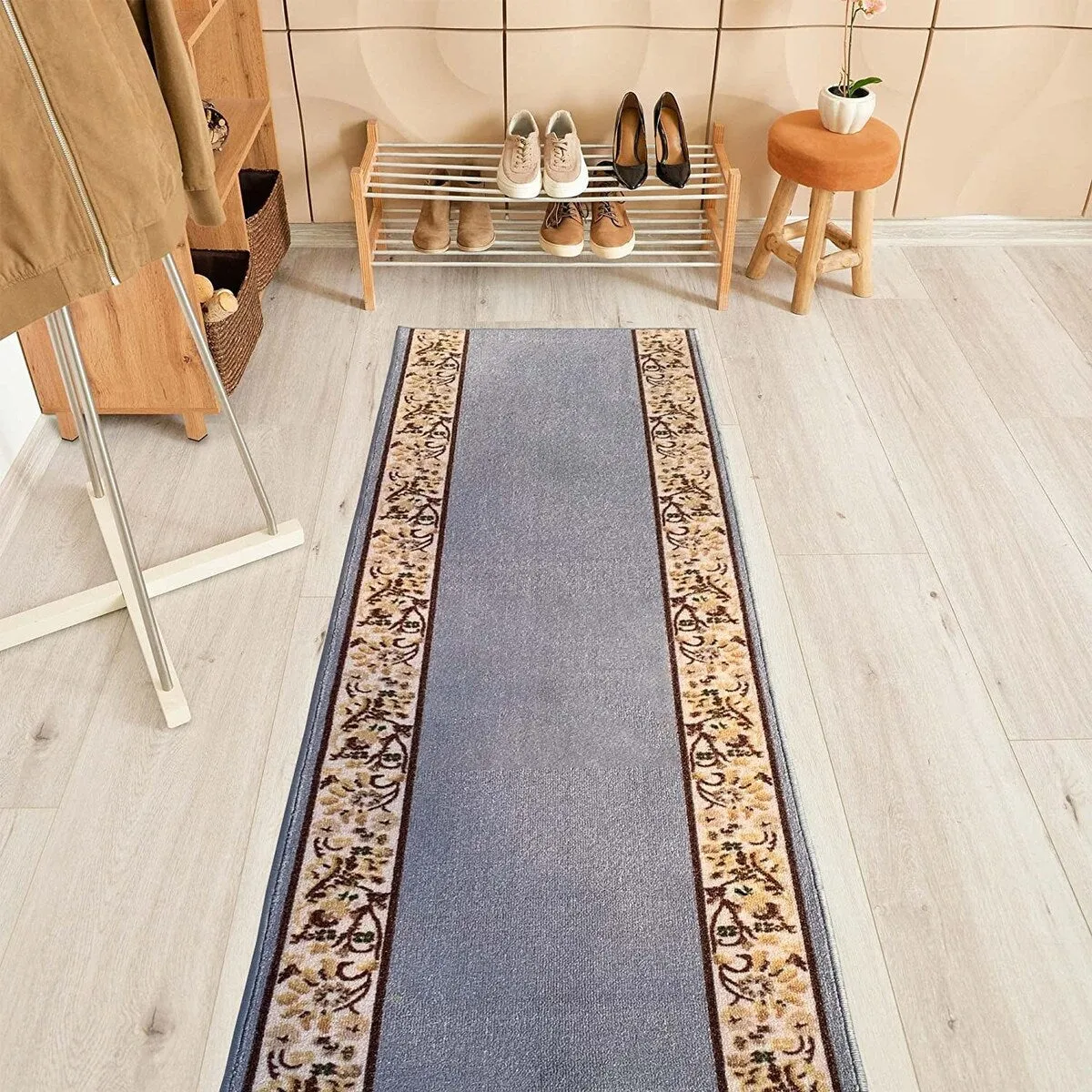 Custom Size Flower Bordered 26 Inch Wide Non-Slip Stair Runner Rug