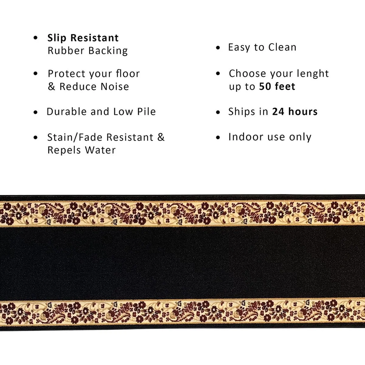 Custom Size Flower Bordered 26 Inch Wide Non-Slip Stair Runner Rug