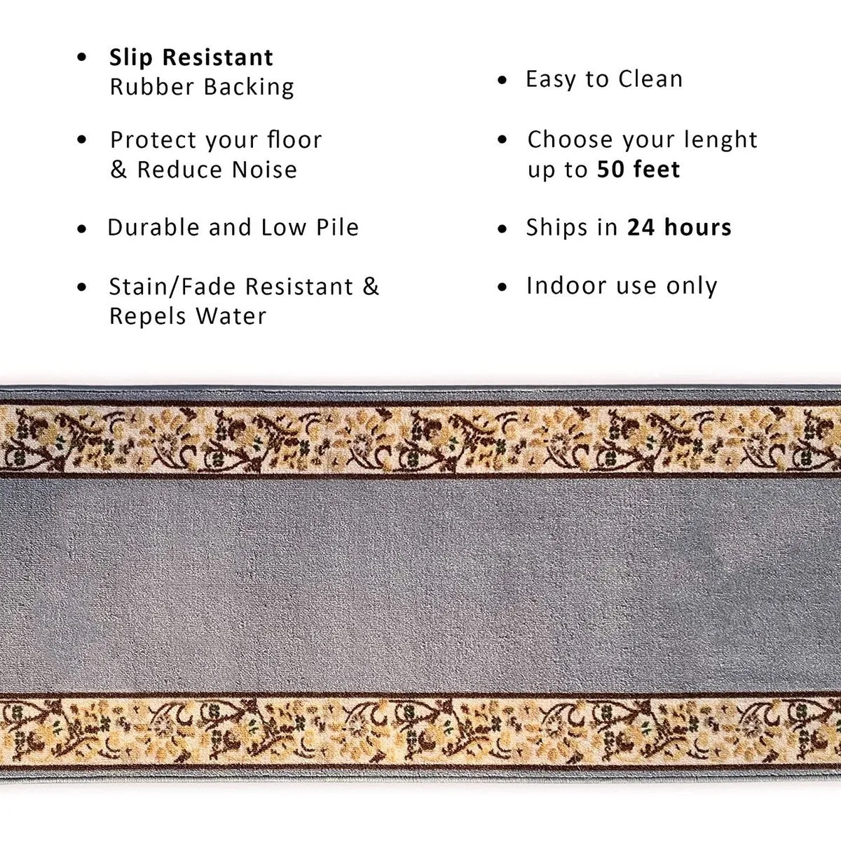 Custom Size Flower Bordered 26 Inch Wide Non-Slip Stair Runner Rug