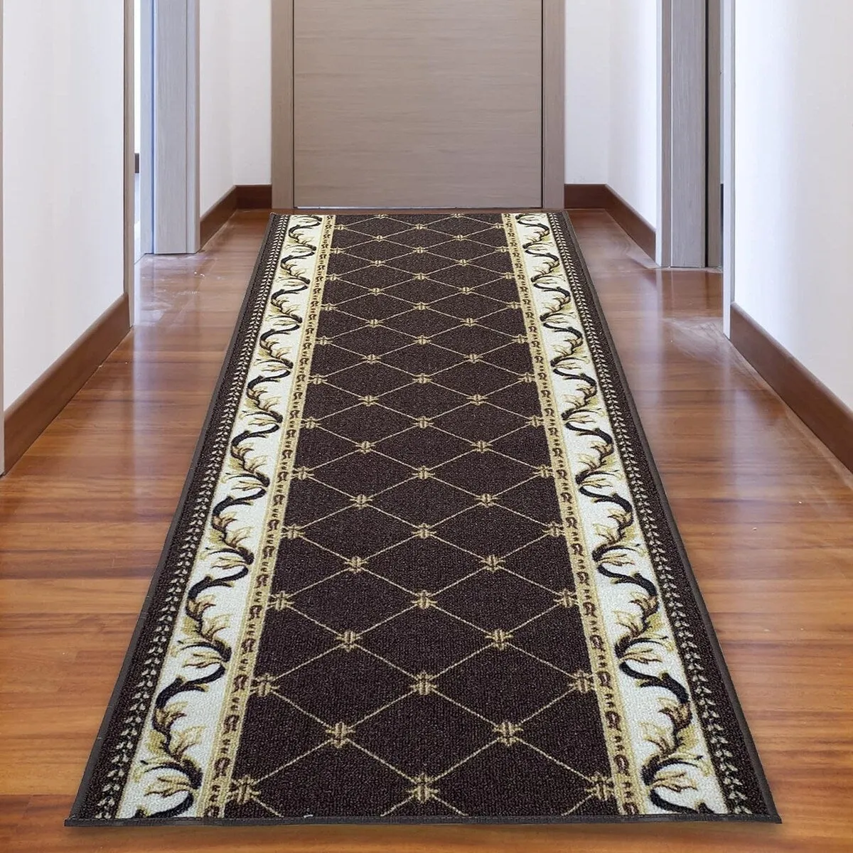 Custom Size French Trellis Design Blue.Brown.Red Color Non-Slip Rubber Backing-26 Inch WidexYour Choice of Length Runner Rug
