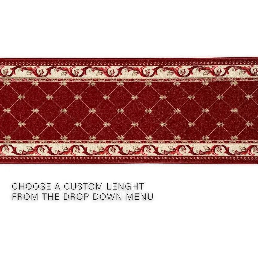 Custom Size French Trellis Design Blue.Brown.Red Color Non-Slip Rubber Backing-26 Inch WidexYour Choice of Length Runner Rug
