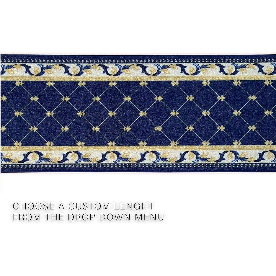 Custom Size French Trellis Design Blue.Brown.Red Color Non-Slip Rubber Backing-26 Inch WidexYour Choice of Length Runner Rug