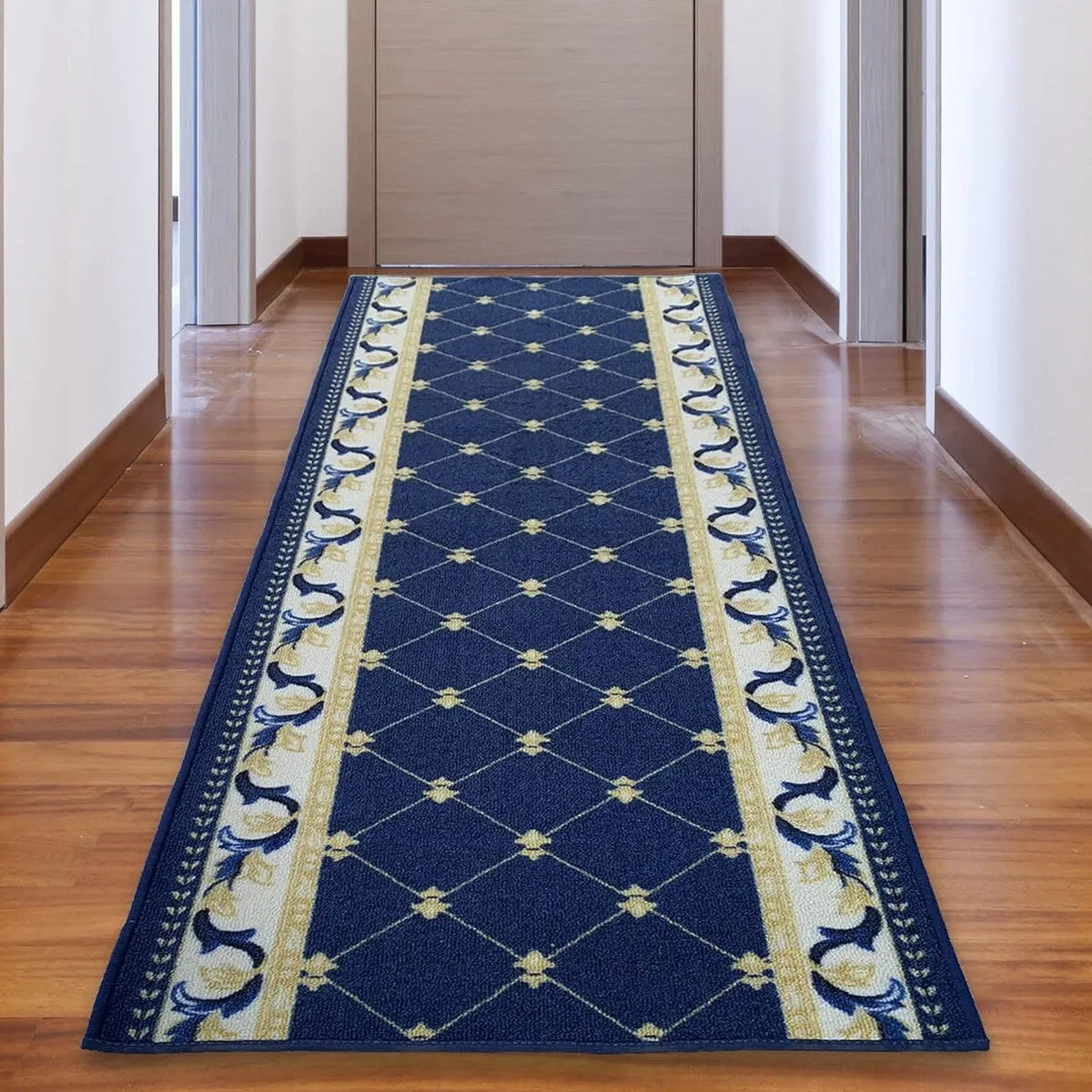 Custom Size French Trellis Design Blue.Brown.Red Color Non-Slip Rubber Backing-26 Inch WidexYour Choice of Length Runner Rug