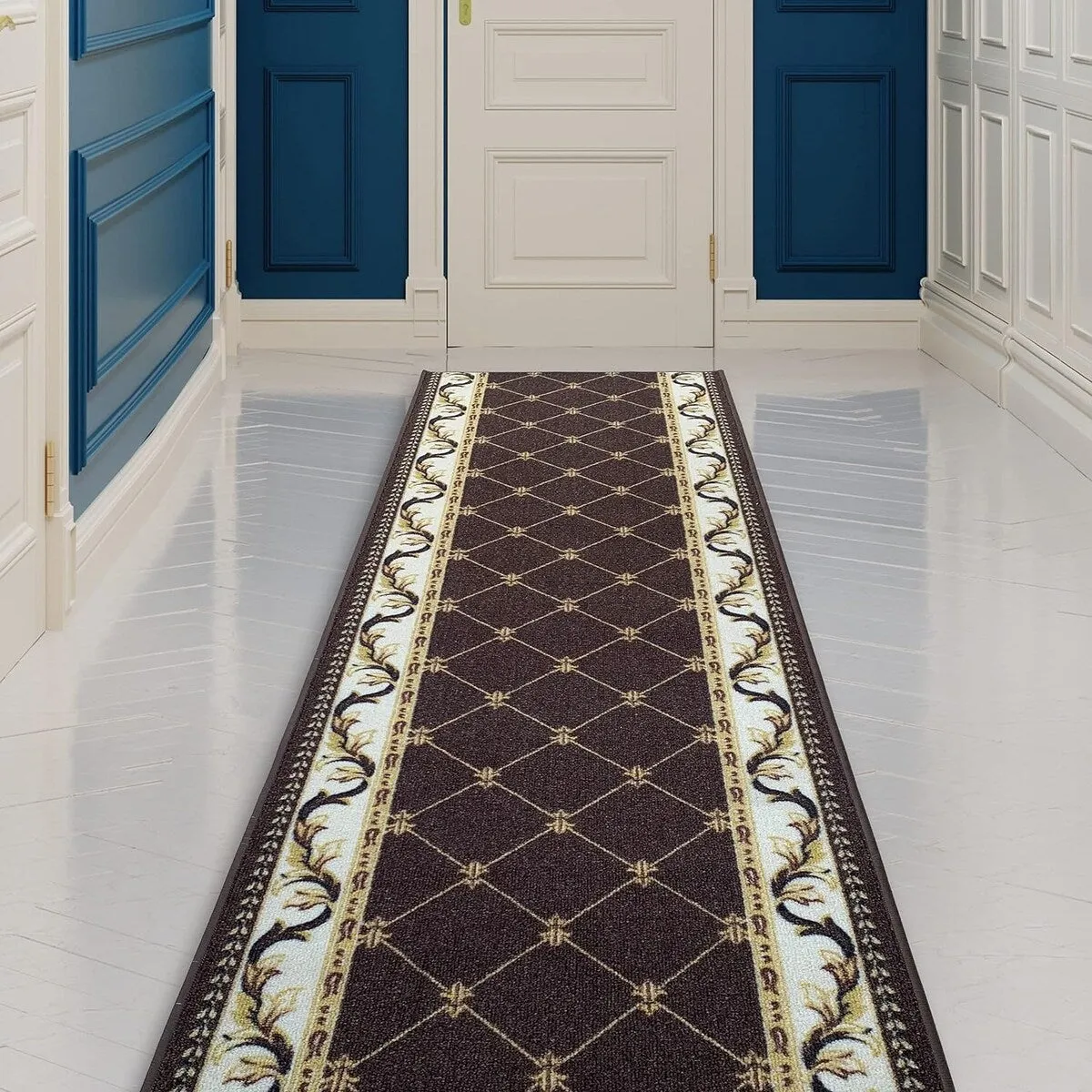 Custom Size French Trellis Design Blue.Brown.Red Color Non-Slip Rubber Backing-26 Inch WidexYour Choice of Length Runner Rug