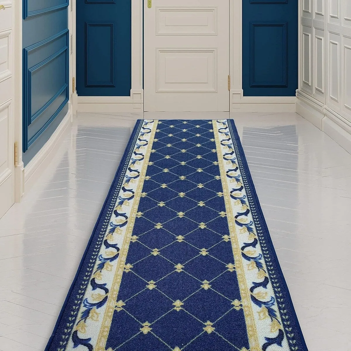 Custom Size French Trellis Design Blue.Brown.Red Color Non-Slip Rubber Backing-26 Inch WidexYour Choice of Length Runner Rug