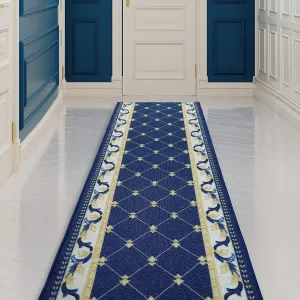 Custom Size French Trellis Design Blue.Brown.Red Color Non-Slip Rubber Backing-26 Inch WidexYour Choice of Length Runner Rug