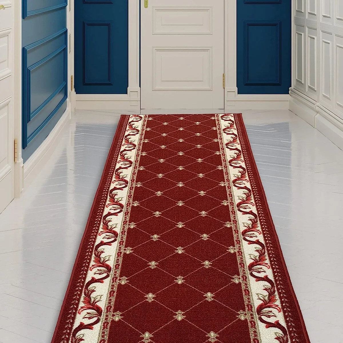 Custom Size French Trellis Design Blue.Brown.Red Color Non-Slip Rubber Backing-26 Inch WidexYour Choice of Length Runner Rug