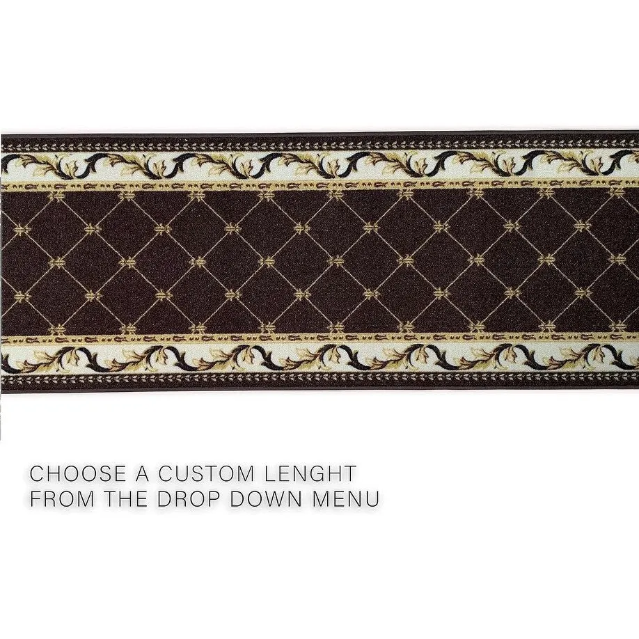 Custom Size French Trellis Design Blue.Brown.Red Color Non-Slip Rubber Backing-26 Inch WidexYour Choice of Length Runner Rug