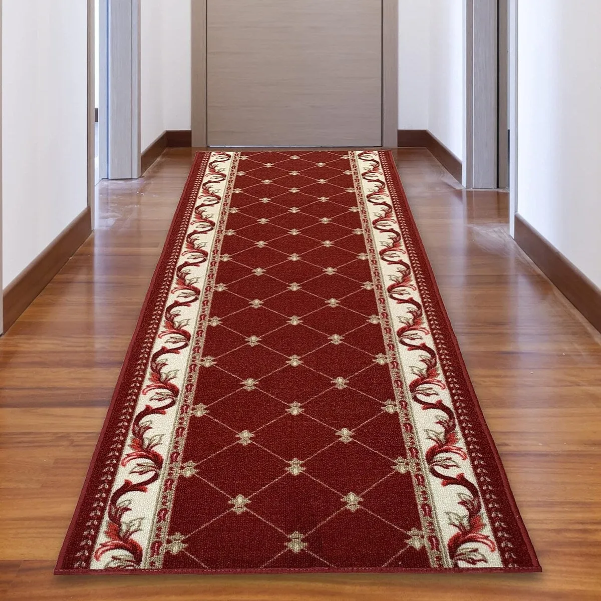 Custom Size French Trellis Design Blue.Brown.Red Color Non-Slip Rubber Backing-26 Inch WidexYour Choice of Length Runner Rug