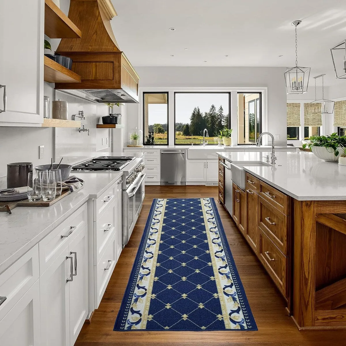Custom Size French Trellis Design Blue.Brown.Red Color Non-Slip Rubber Backing-26 Inch WidexYour Choice of Length Runner Rug