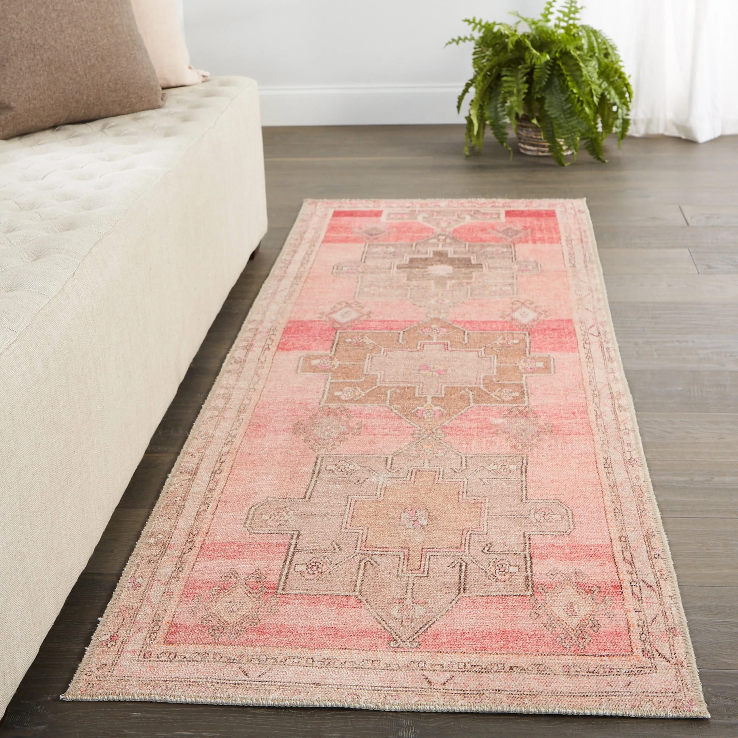 Faron Machine Washable Medallion Pink/ Tan Area Rug