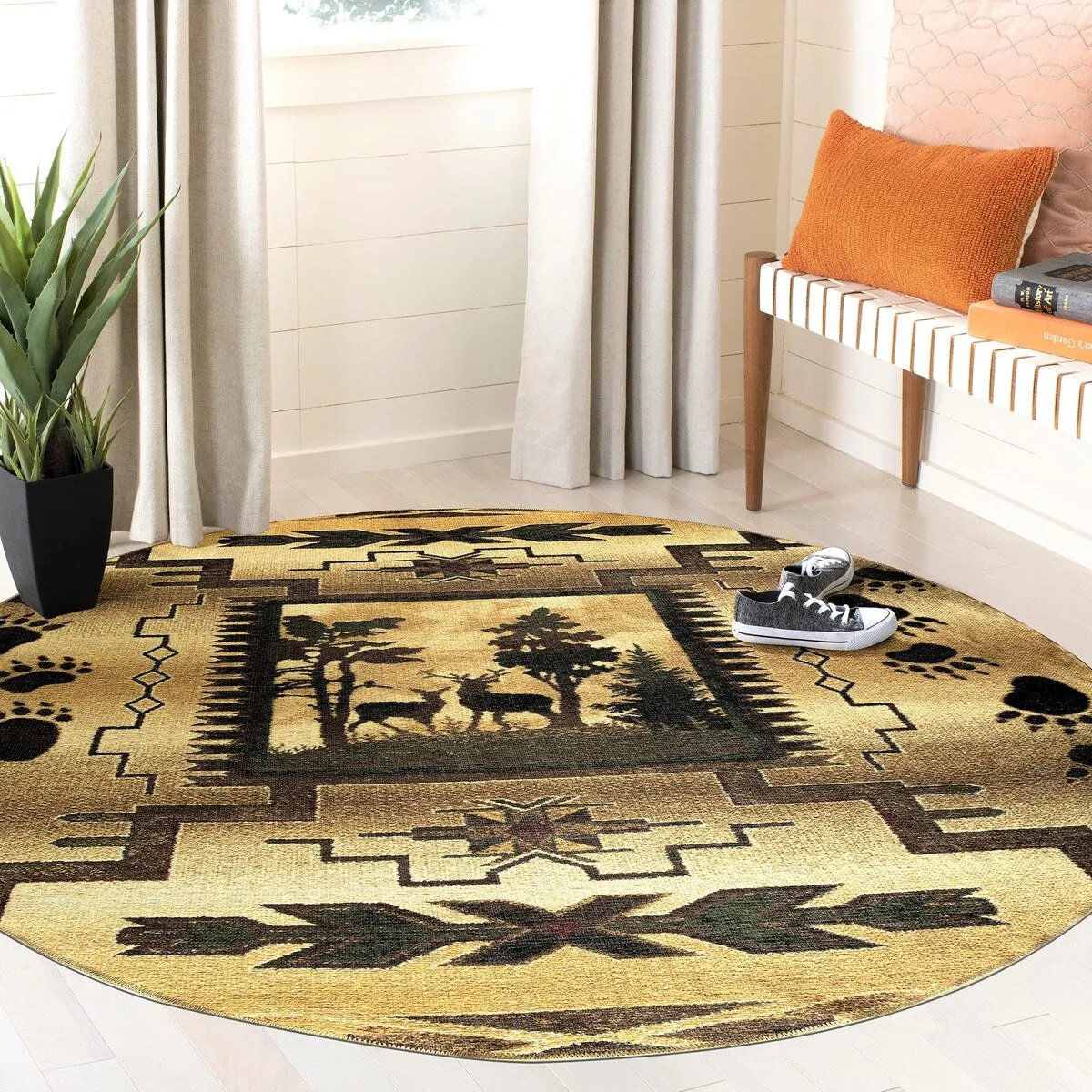 GAD - Machine Washable - Deers Animal Print Cabin Theme Area Rug - 5'3 X 7'6