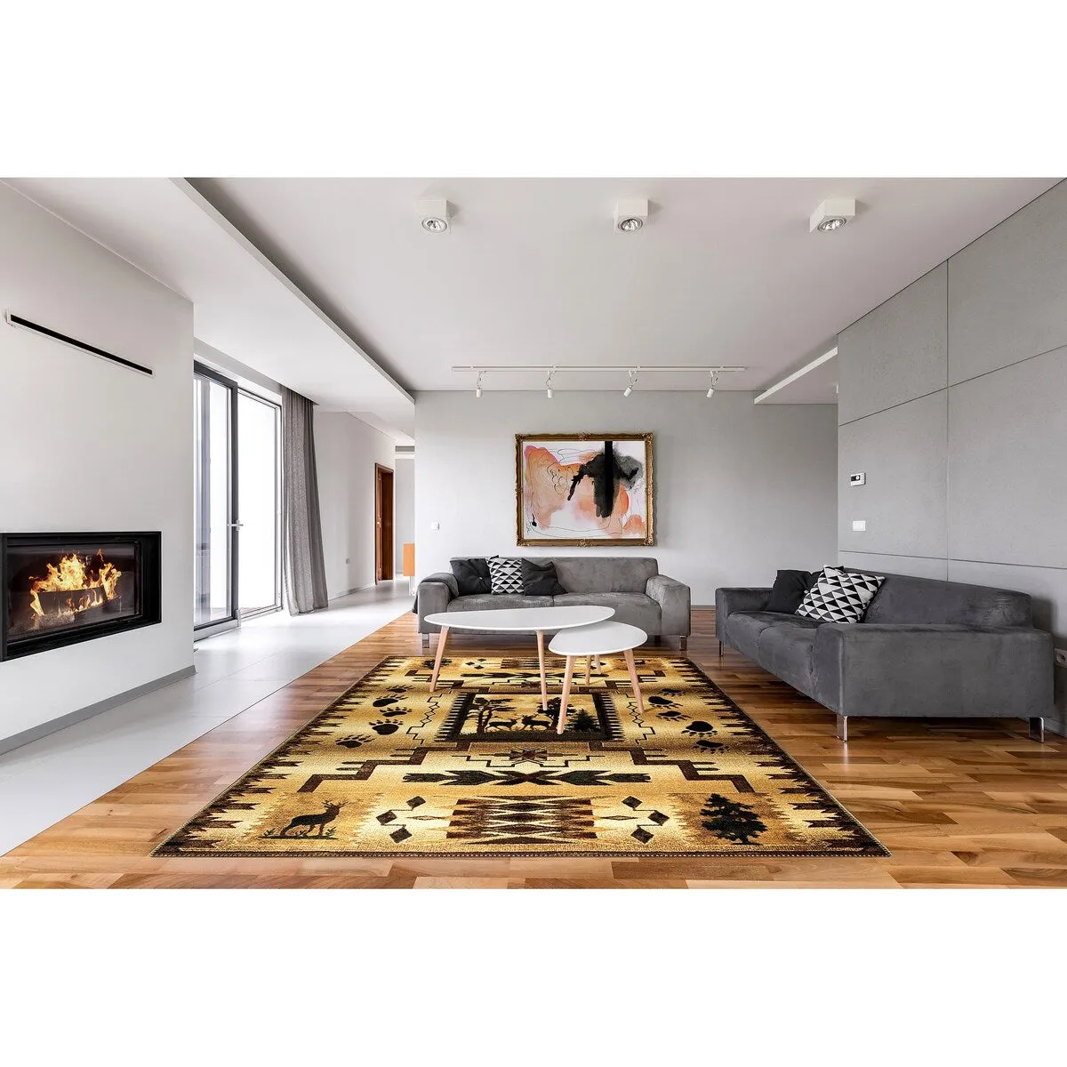 GAD - Machine Washable - Deers Animal Print Cabin Theme Area Rug - 5'3 X 7'6
