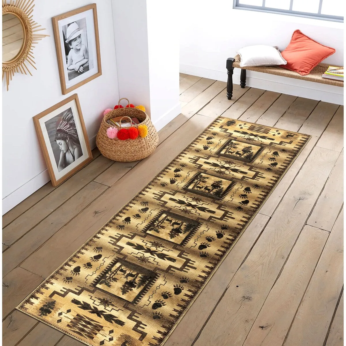 GAD - Machine Washable - Deers Animal Print Cabin Theme Area Rug - 5'3 X 7'6
