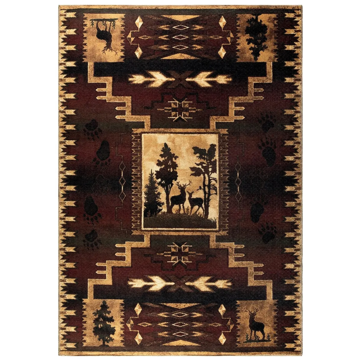 GAD - Machine Washable - Deers Animal Print Cabin Theme Area Rug - 5'3 X 7'6