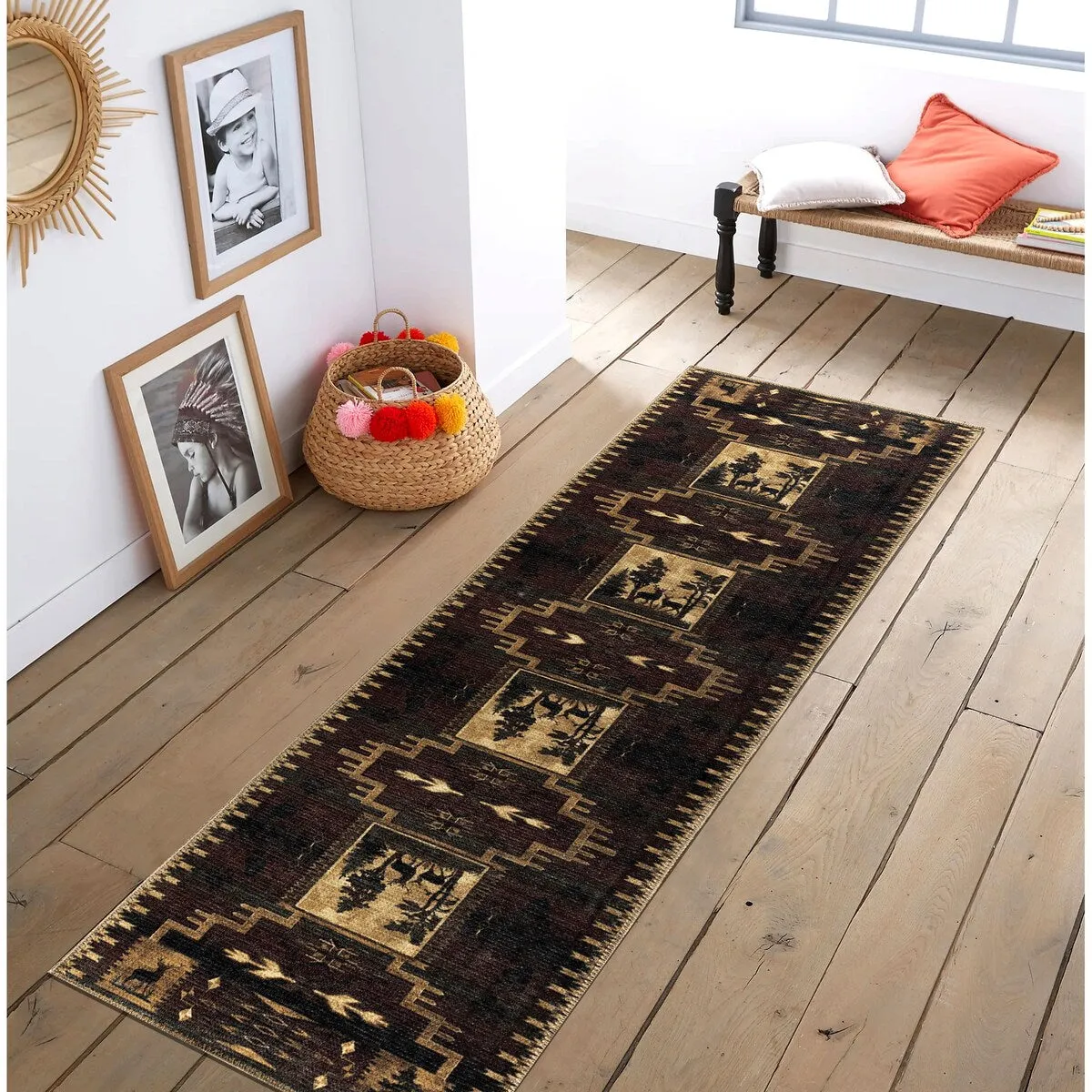 GAD - Machine Washable - Deers Animal Print Cabin Theme Area Rug - 5'3 X 7'6