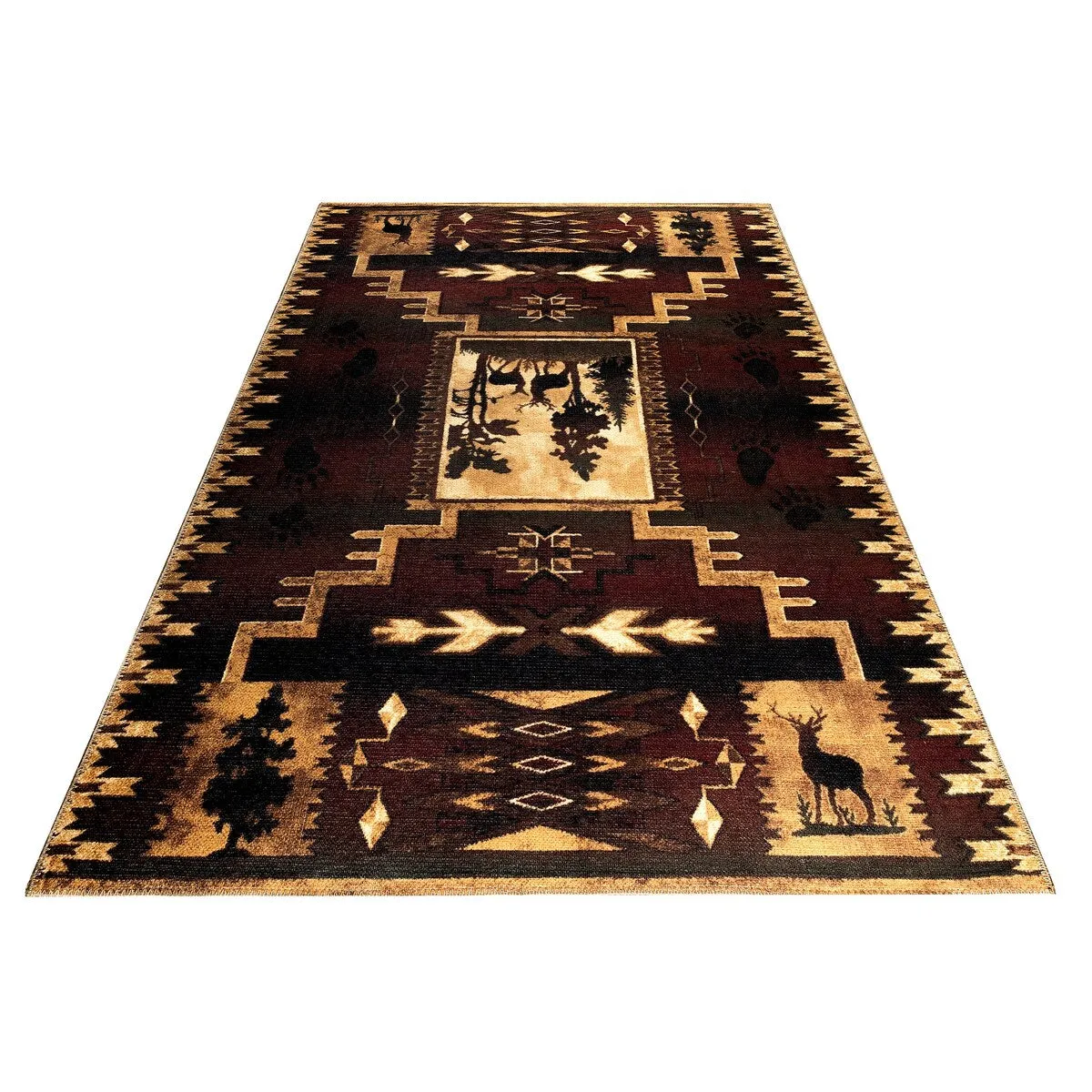 GAD - Machine Washable - Deers Animal Print Cabin Theme Area Rug - 5'3 X 7'6