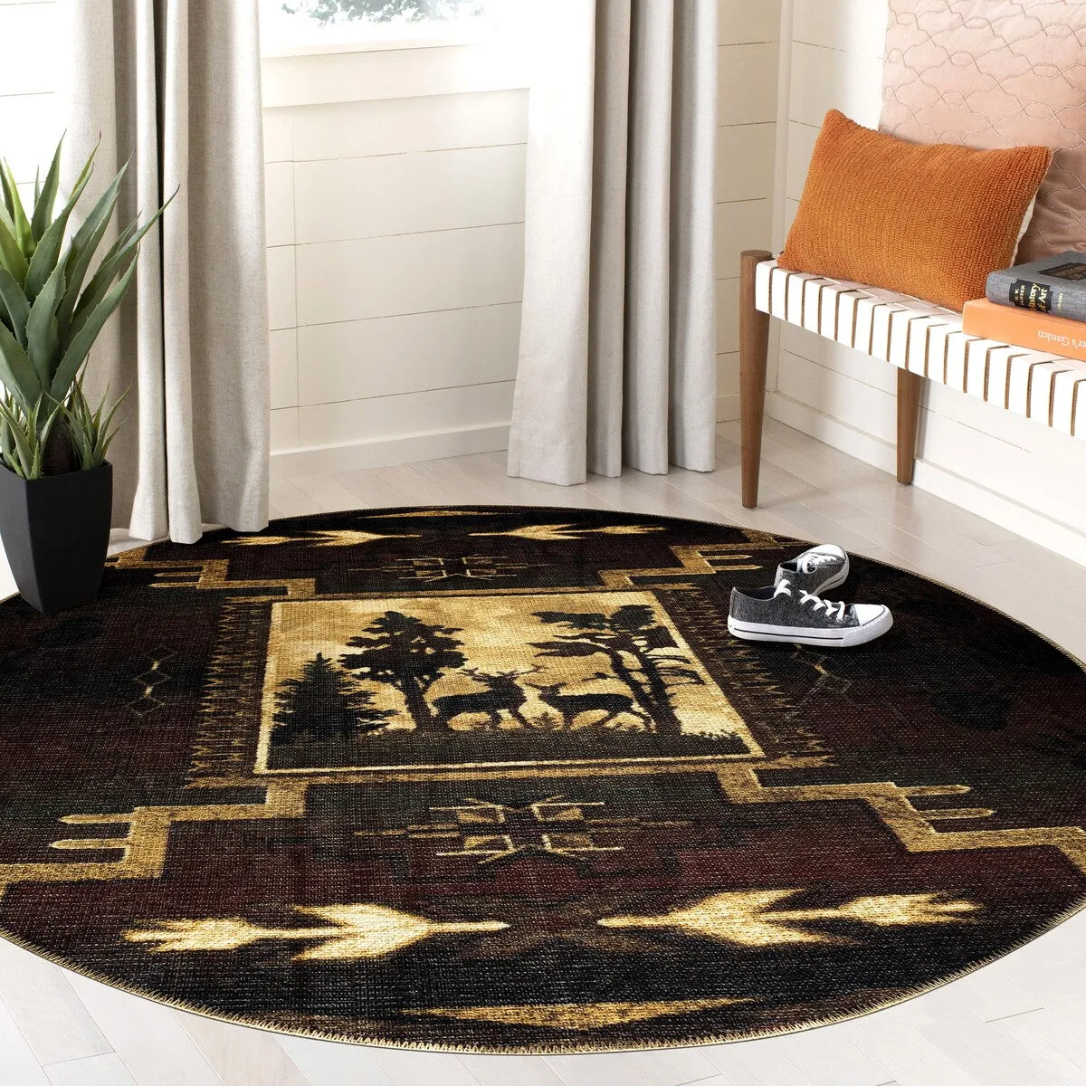 GAD - Machine Washable - Deers Animal Print Cabin Theme Area Rug - 5'3 X 7'6