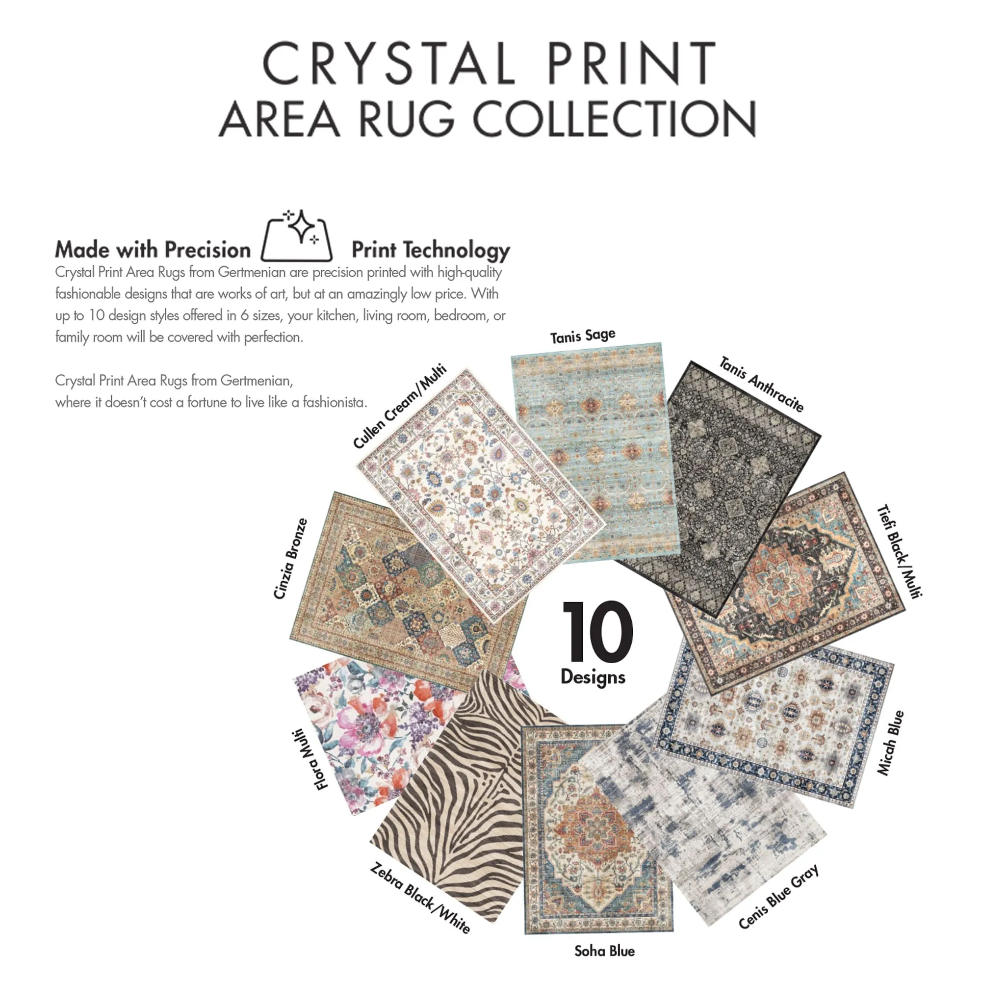 Gertmenian Crystal Print Soft Flat Pile Polyester Slip Resistant Washable Indoor Printed Area Rug Collection