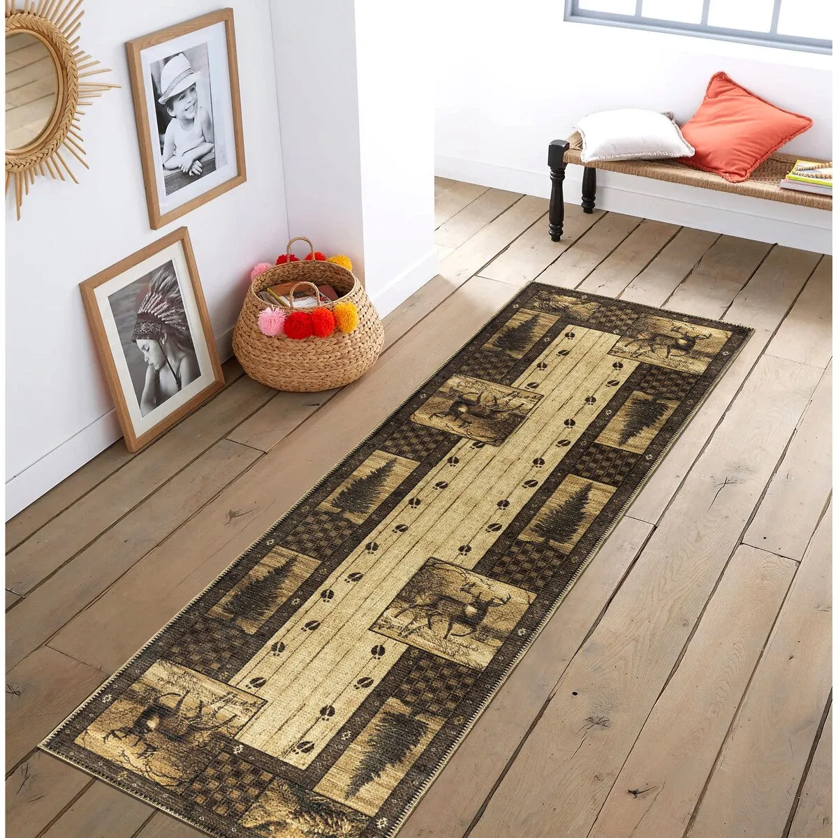 Great American Distributors - Machine Washable - Deer Animal Print Forest Theme Area Rug - 2'2x5'3 Runner