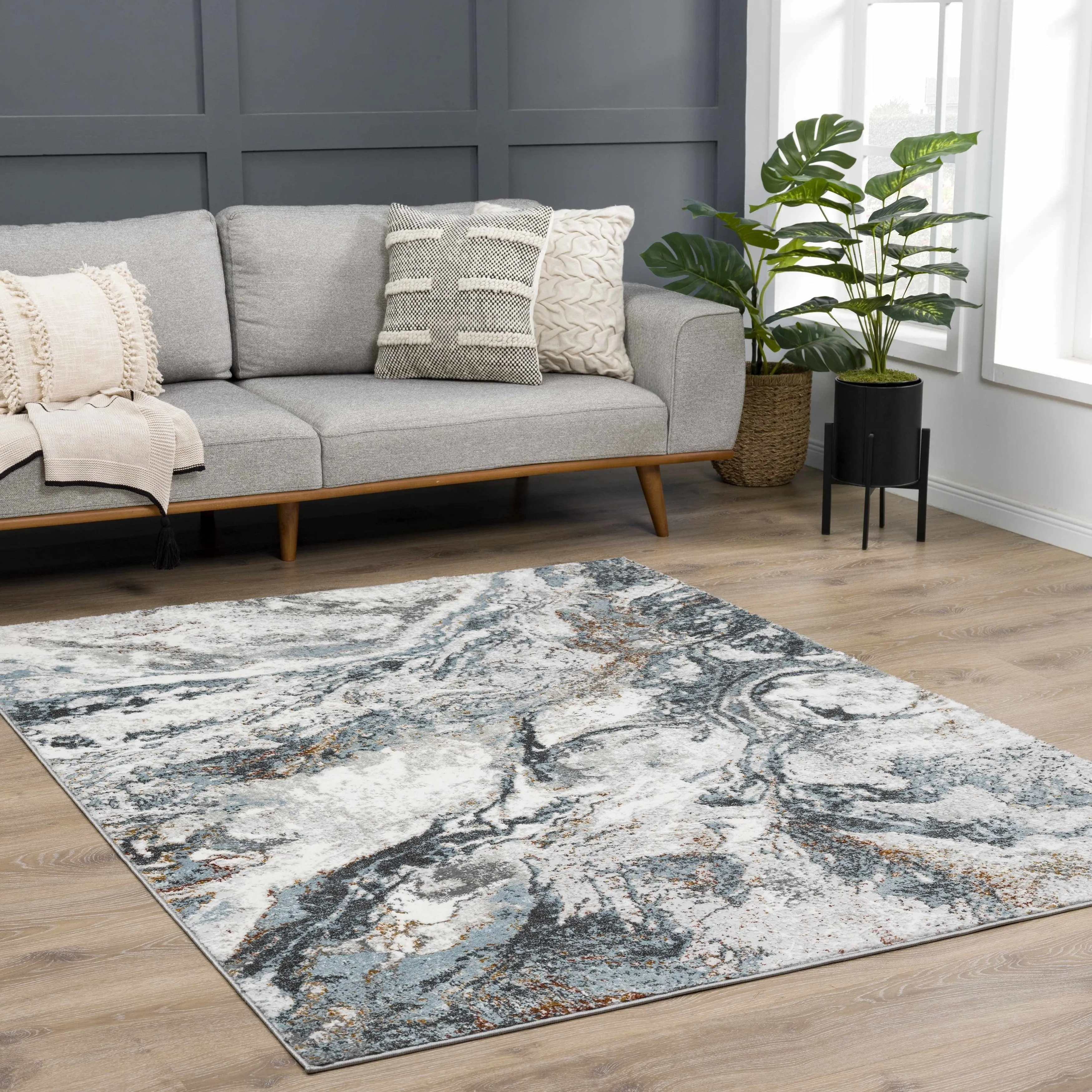 Hauteloom Liverpool Living Room. Bedroom Area Rug - Contemporary - Charcoal.Light Blue.Light Gray - 9'2 x 12'