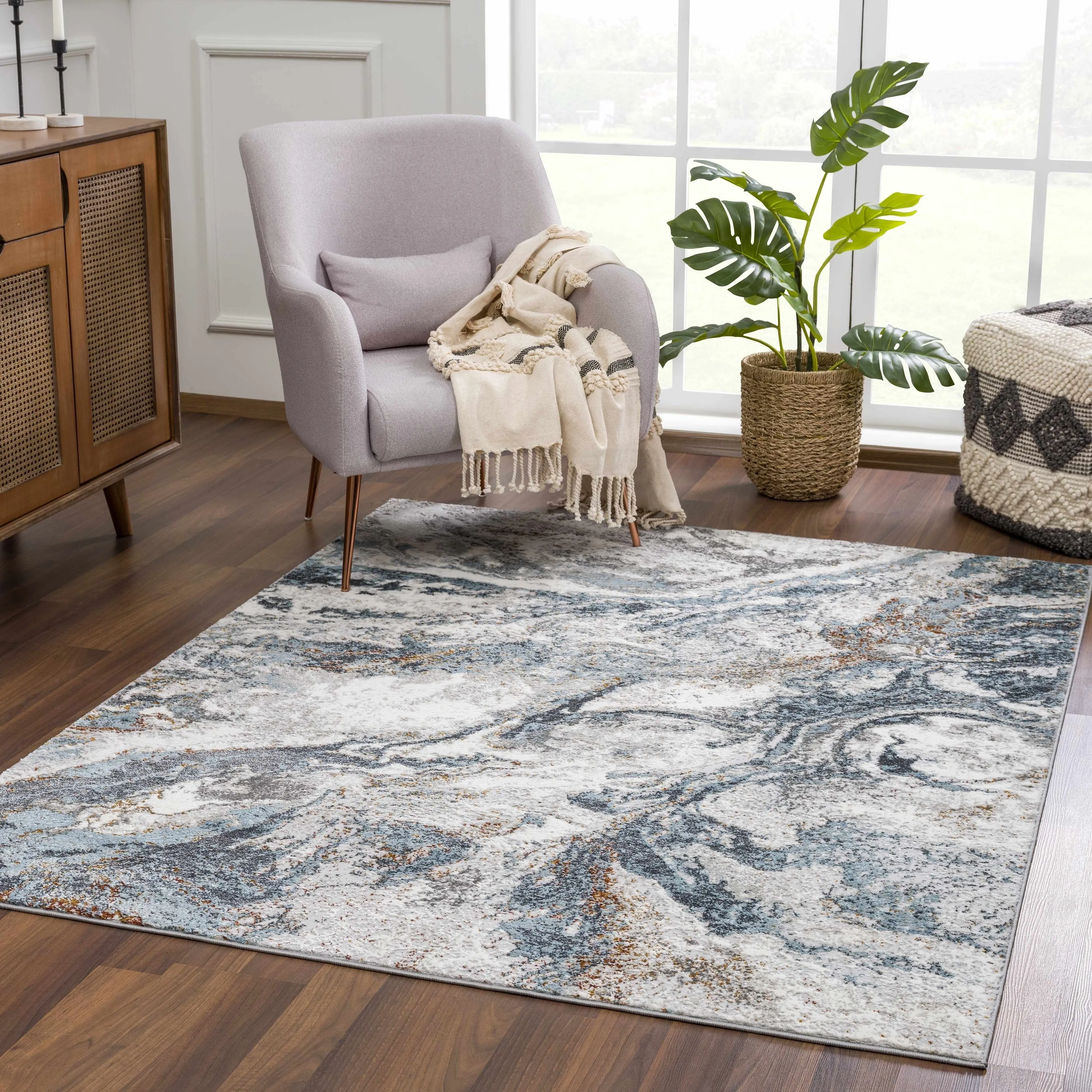 Hauteloom Liverpool Living Room. Bedroom Area Rug - Contemporary - Charcoal.Light Blue.Light Gray - 9'2 x 12'