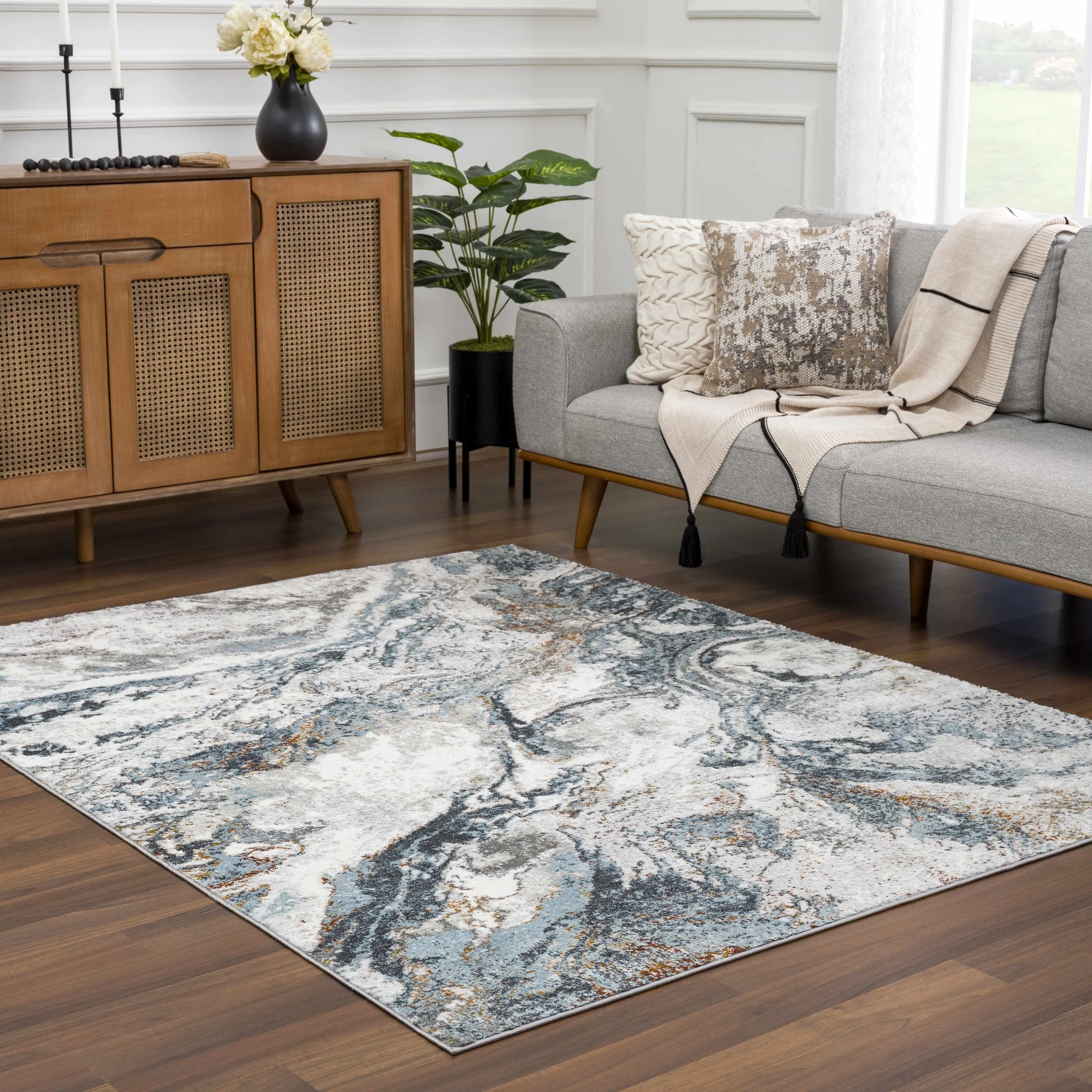 Hauteloom Liverpool Living Room. Bedroom Area Rug - Contemporary - Charcoal.Light Blue.Light Gray - 9'2 x 12'