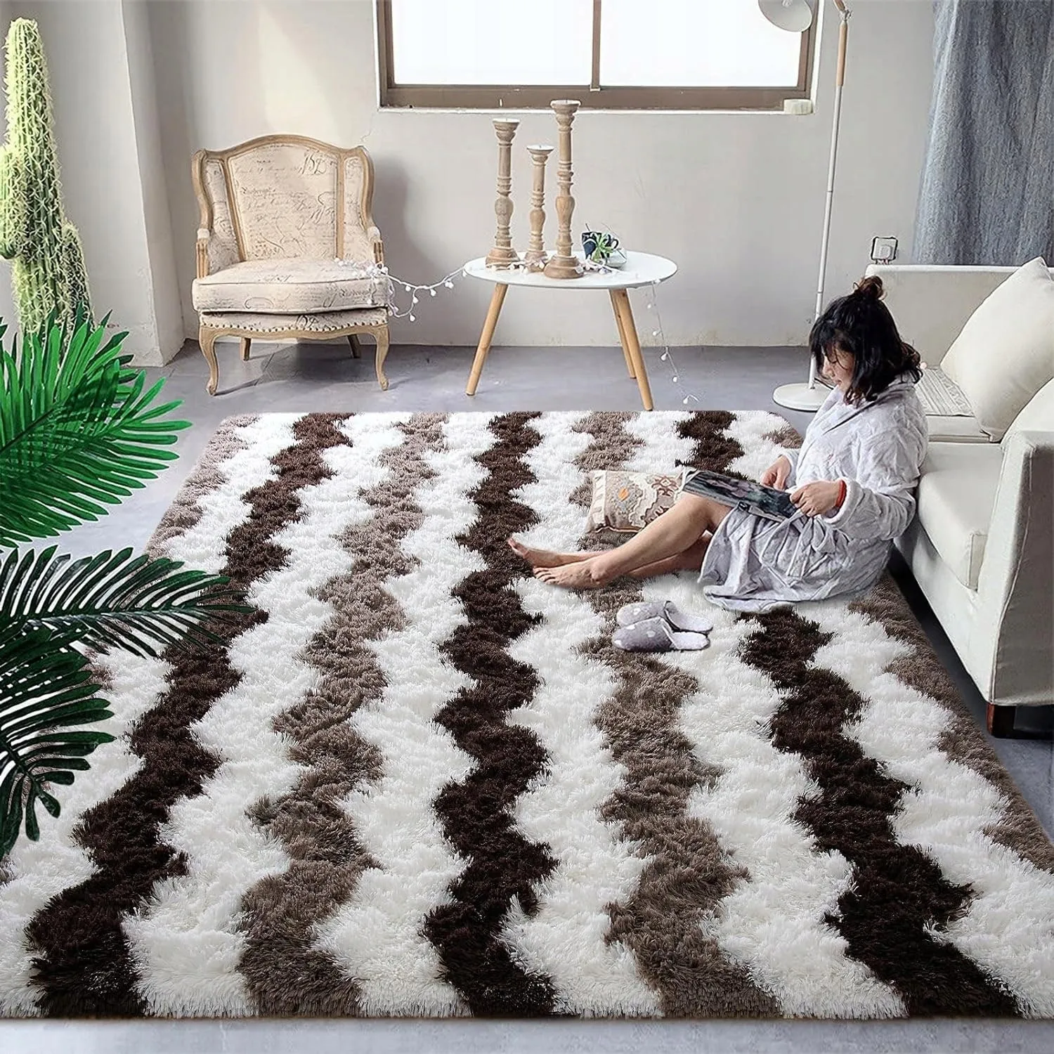 High Pile Shag Moroccan Geometric Rugs Non-Slip Indoor Floor Carpet Washable