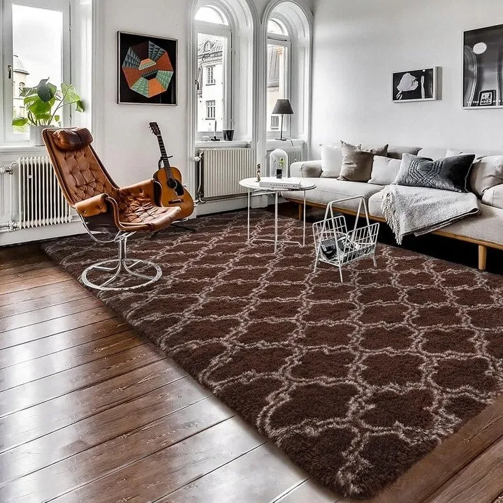 High Pile Shag Moroccan Geometric Rugs Non-Slip Indoor Floor Carpet Washable