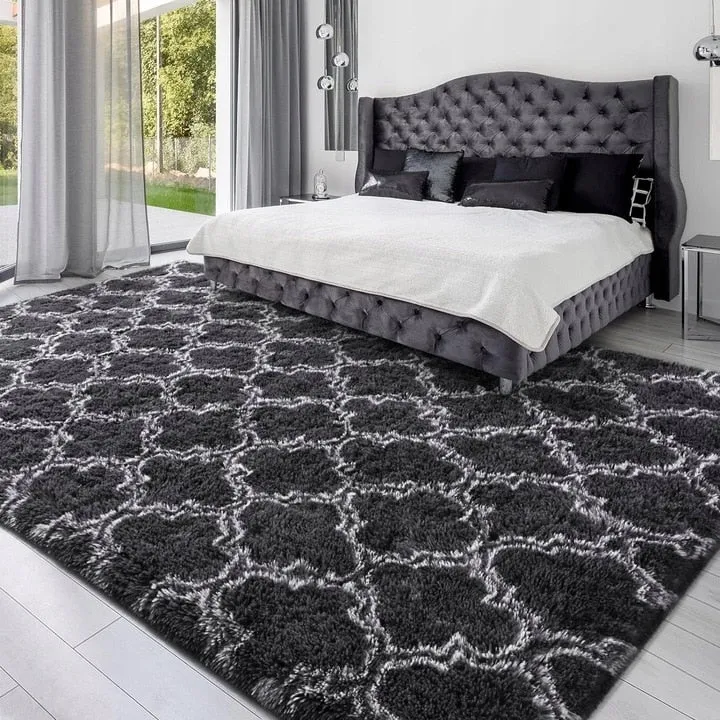 High Pile Shag Moroccan Geometric Rugs Non-Slip Indoor Floor Carpet Washable