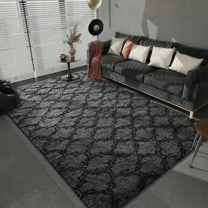 High Pile Shag Moroccan Geometric Rugs Non-Slip Indoor Floor Carpet Washable