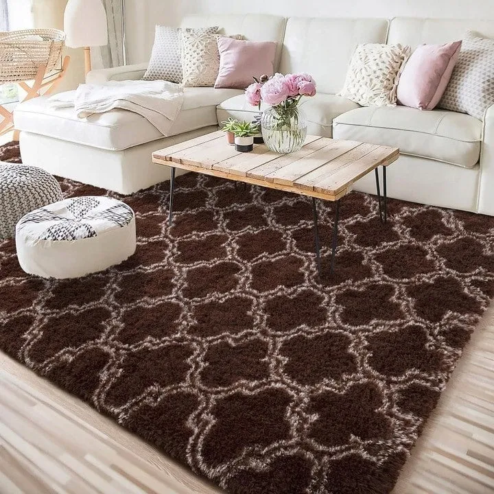 High Pile Shag Moroccan Geometric Rugs Non-Slip Indoor Floor Carpet Washable