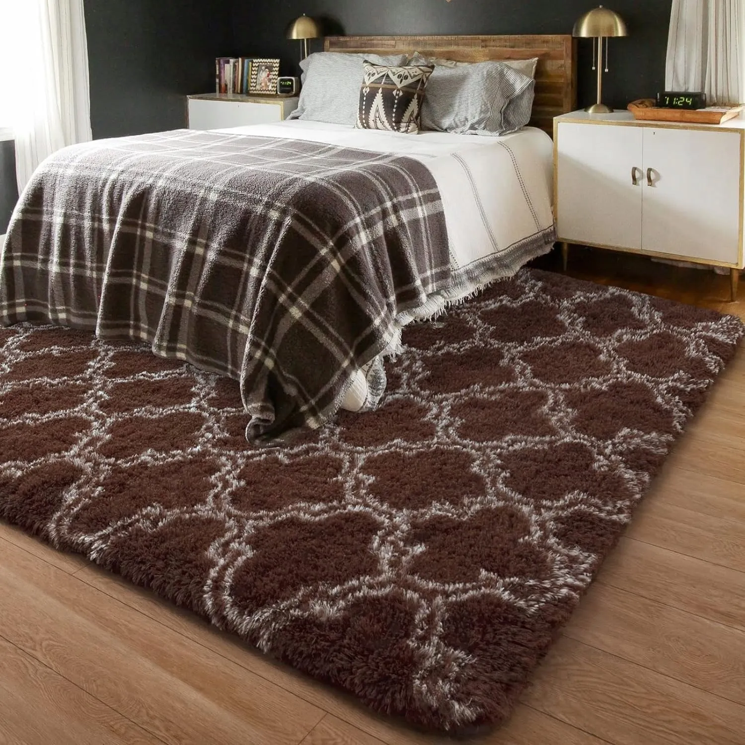 High Pile Shag Moroccan Geometric Rugs Non-Slip Indoor Floor Carpet Washable