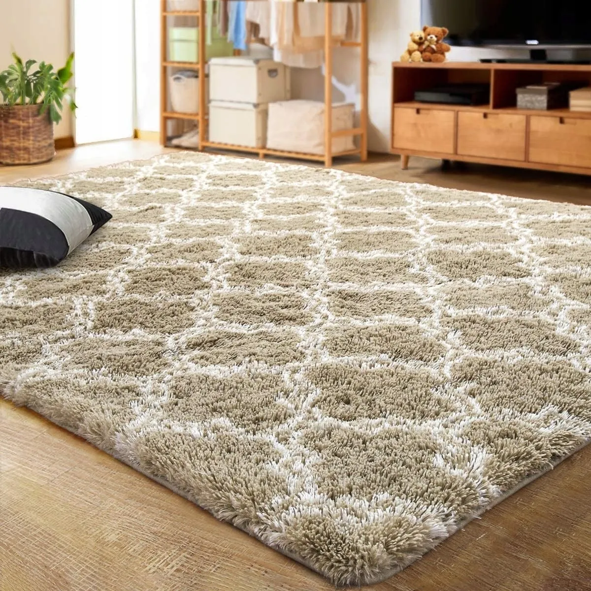High Pile Shag Moroccan Geometric Rugs Non-Slip Indoor Floor Carpet Washable