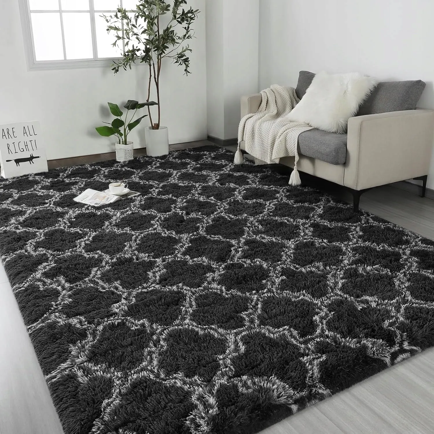 High Pile Shag Moroccan Geometric Rugs Non-Slip Indoor Floor Carpet Washable