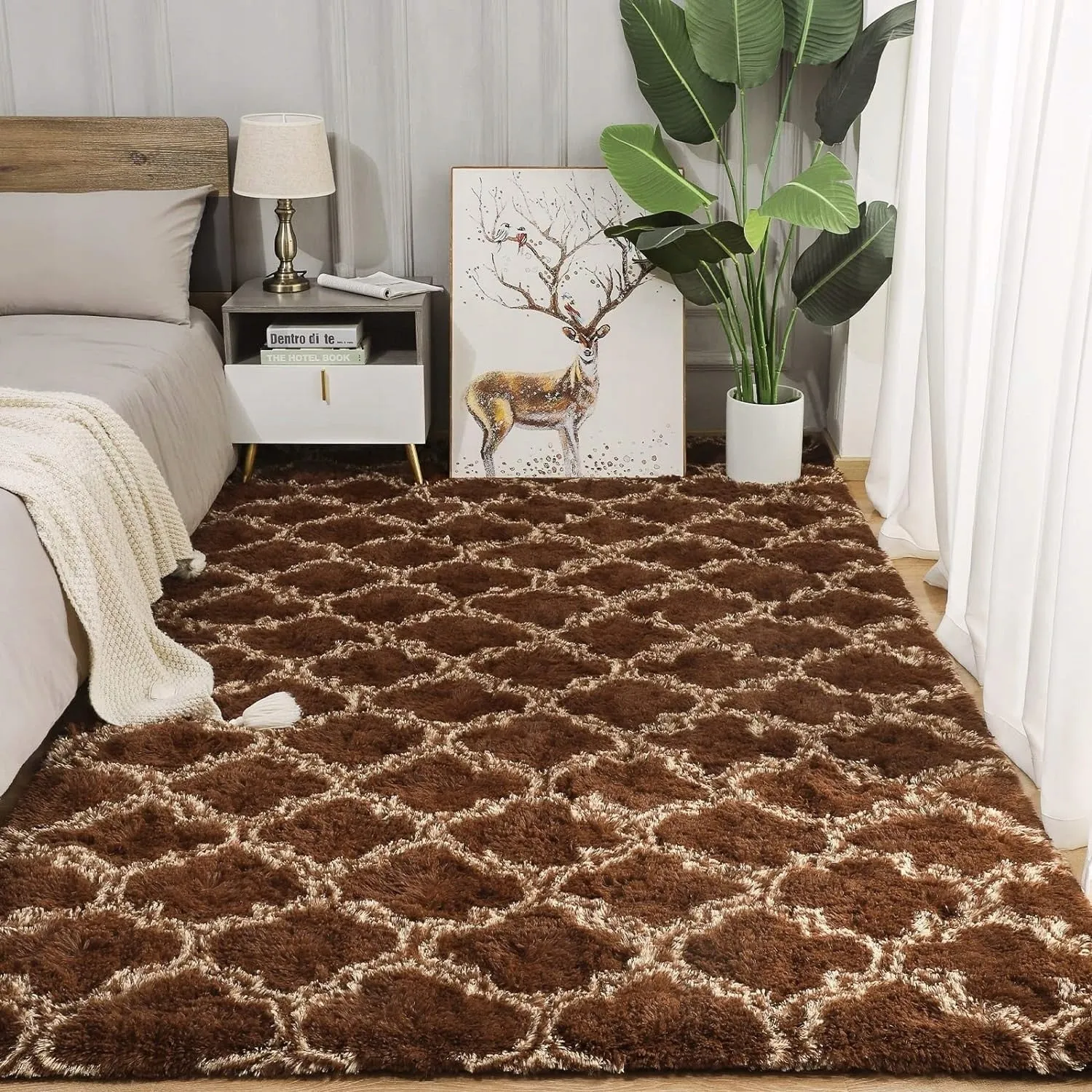 High Pile Shag Moroccan Geometric Rugs Non-Slip Indoor Floor Carpet Washable