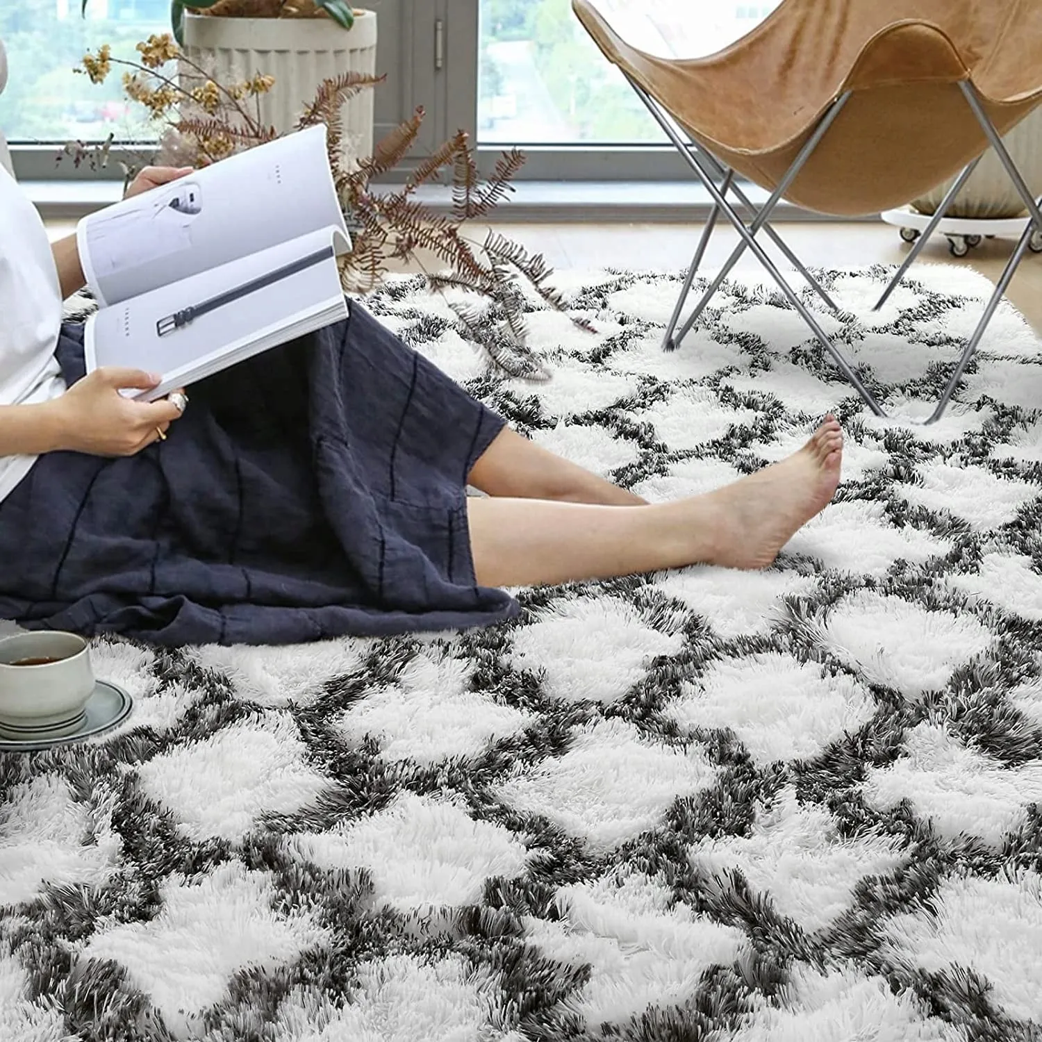 High Pile Shag Moroccan Geometric Rugs Non-Slip Indoor Floor Carpet Washable