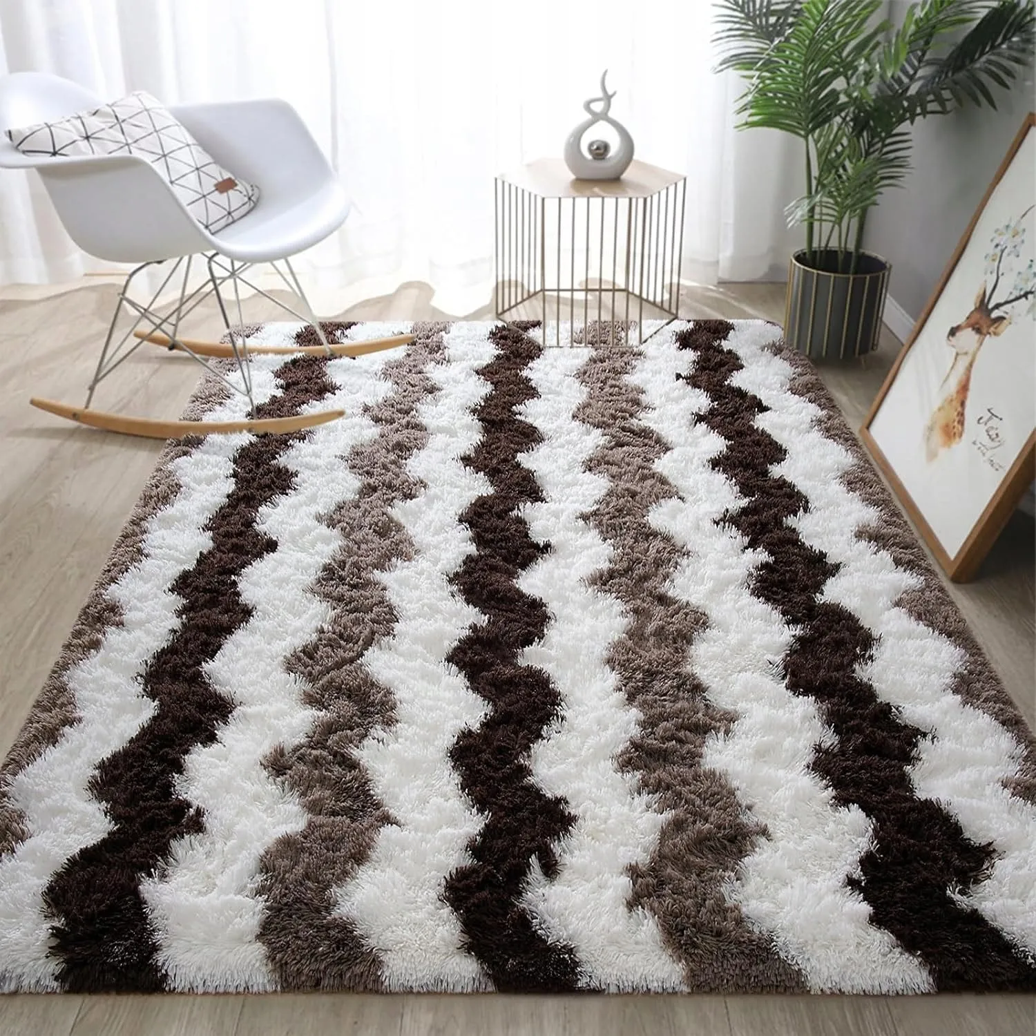 High Pile Shag Moroccan Geometric Rugs Non-Slip Indoor Floor Carpet Washable